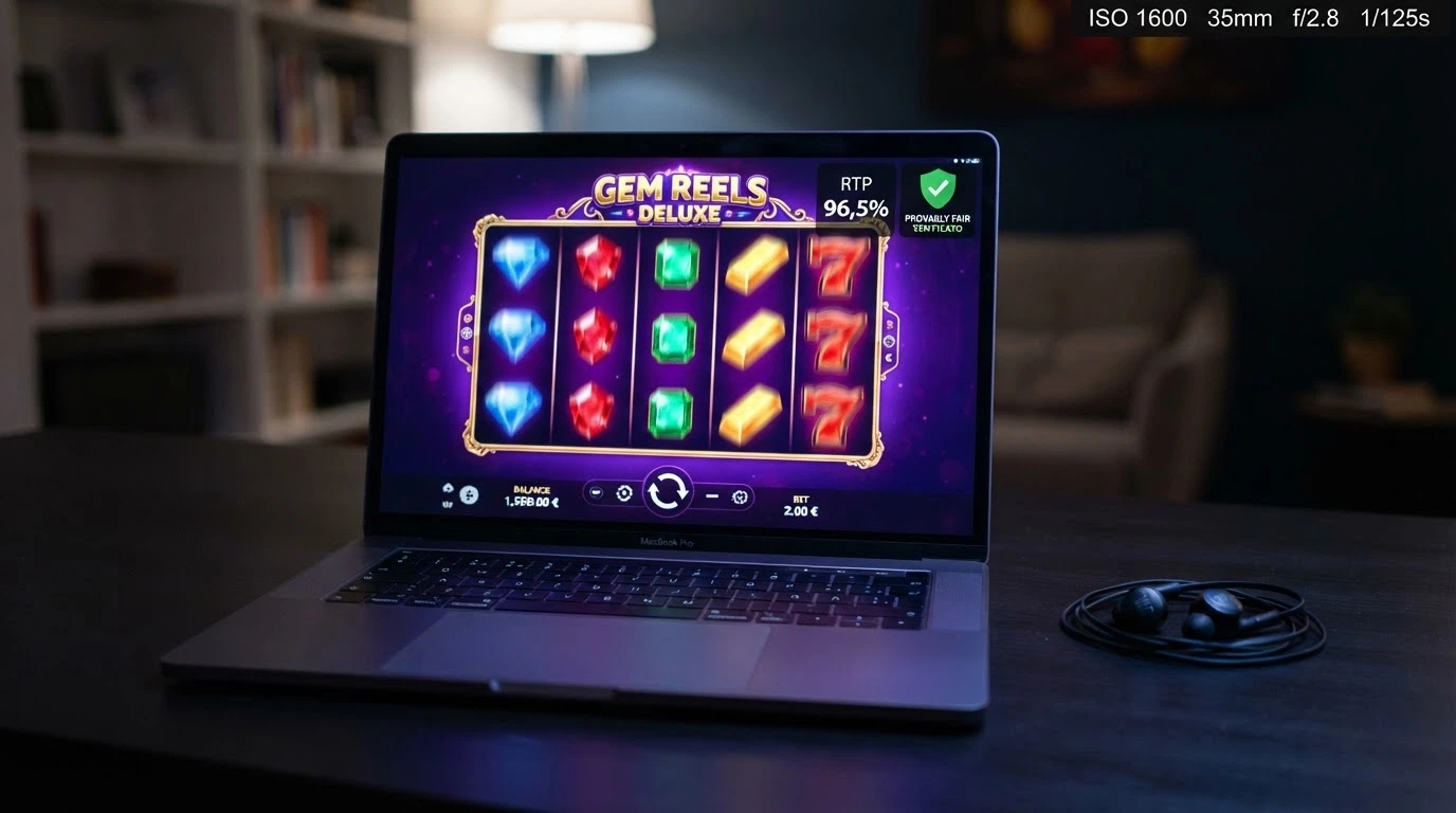 Interfaccia di una slot machine online con indicatore RTP e opzione di verifica provably fair