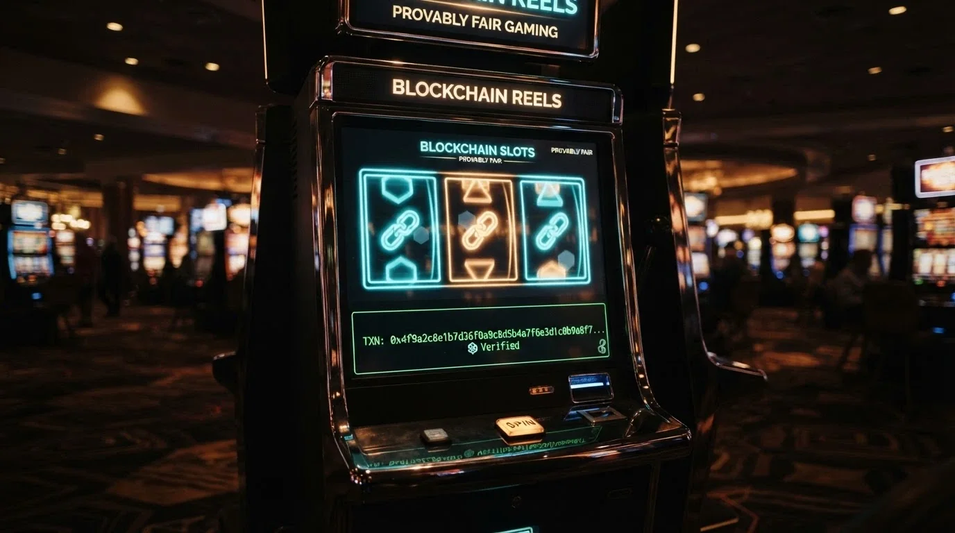 Una slot machine stilizzata con lo schermo che mostra un hash di blockchain al posto dei rulli, a indicare il meccanismo provably fair