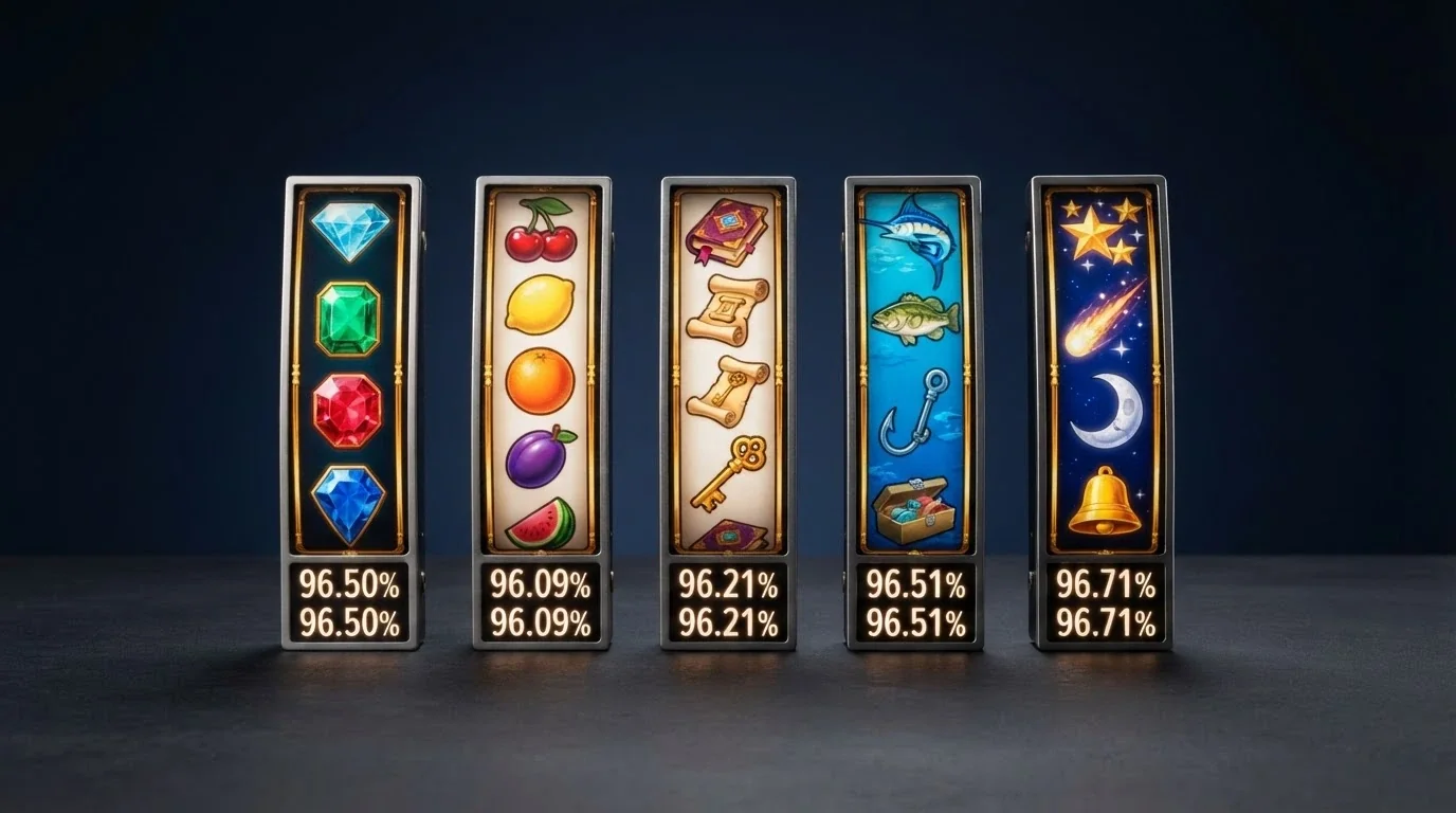 Una griglia con le cinque slot recensite — Gates of Olympus, Starburst, Book of Dead, Sweet Bonanza, Big Bass Bonanza — ciascuna con RTP e volatilità in evidenza