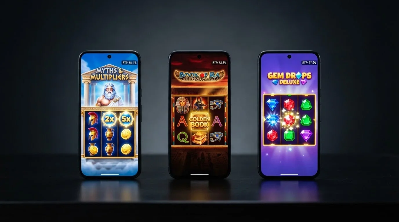 Tre schermate di slot popolari — Gates of Olympus, Book of Dead, Starburst — con la percentuale RTP in primo piano