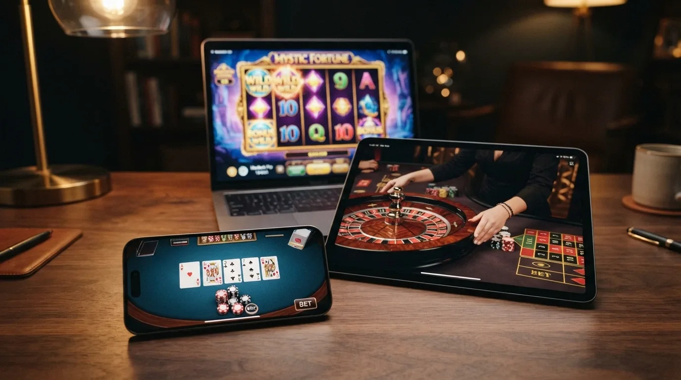 Tre schermate sovrapposte: una slot machine con rulli in movimento, un tavolo di roulette con croupier dal vivo, e un tavolo da poker