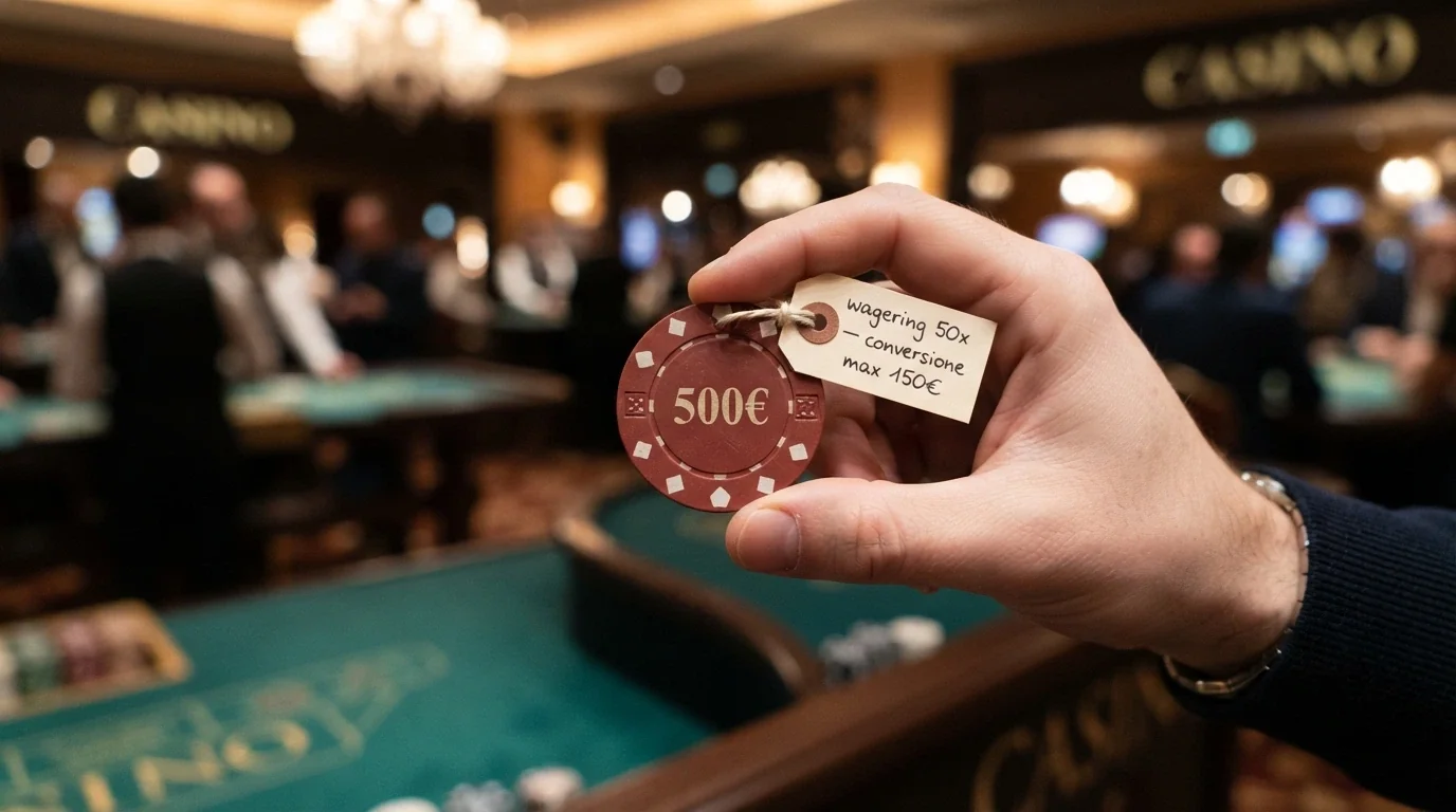 una mano che porge una chip da casinò con sopra scritto «500€», ma la chip è legata a un cartellino con su scritto «wagering 50x — conversione max 150€»