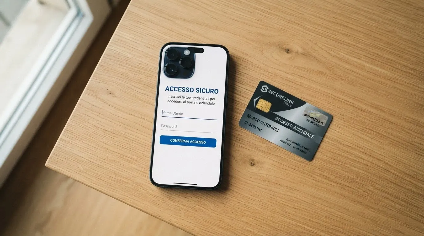 Uno smartphone con la schermata di login SPID aperta accanto alla carta d'identità elettronica (CIE) appoggiata su una scrivania