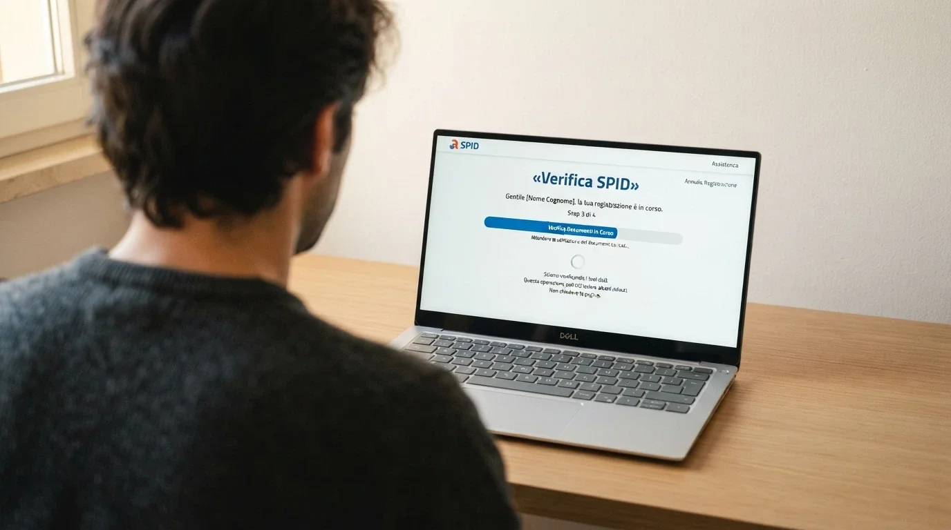 Un primo piano dello schermo di un computer durante la procedura di registrazione a un casinò online tramite SPID, con il logo di un identity provider italiano visibile e una barra di avanzamento della verifica