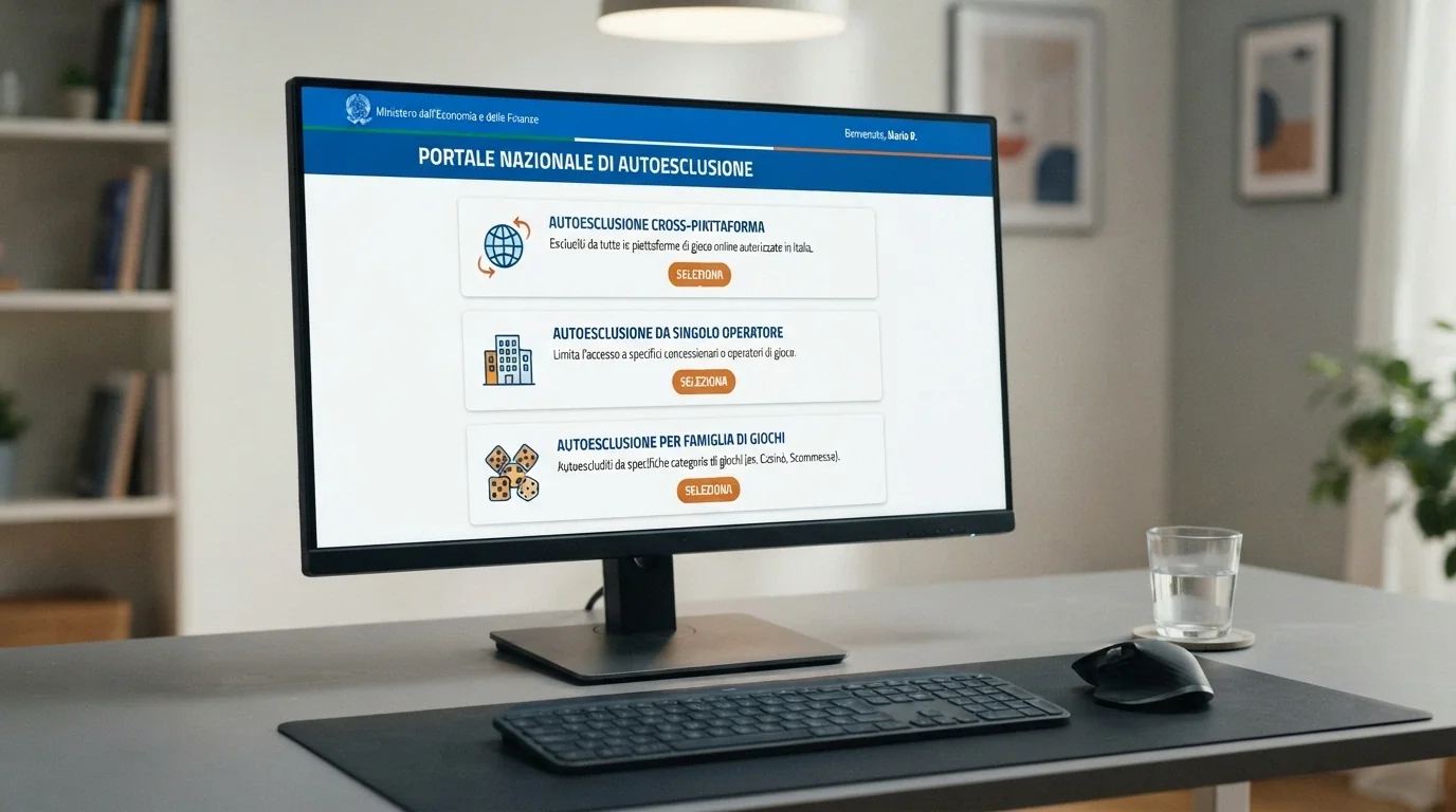 L'interfaccia del portale ADM sul Registro Unico degli Autoesclusi, con le opzioni di autoesclusione (trasversale, per concessionario, per famglia di giochi) visibili sullo schermo di un computer