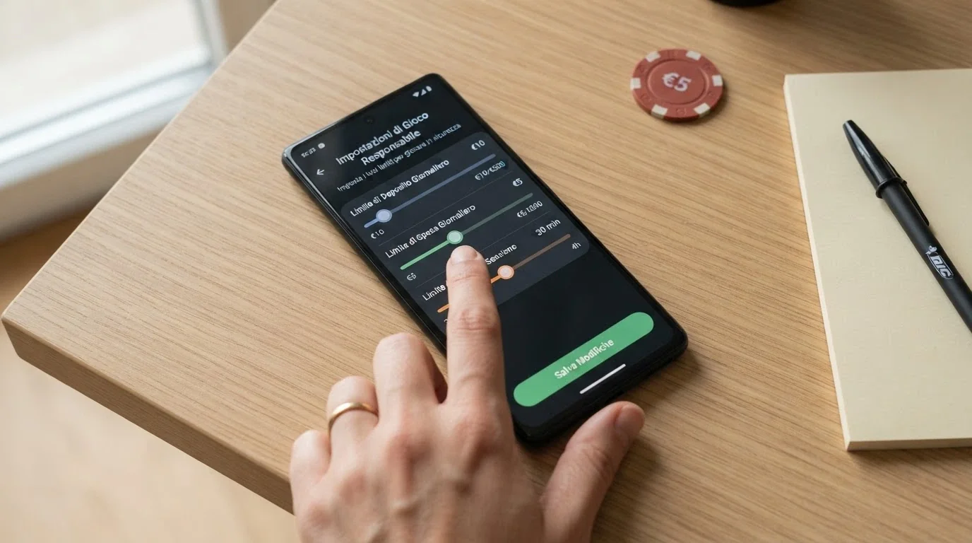 L'interfaccia di un'area personale di un casinò ADM con i cursori per impostare limiti di deposito, spesa e tempo di gioco, accanto al logo del Registro Unico degli Autoesclusi