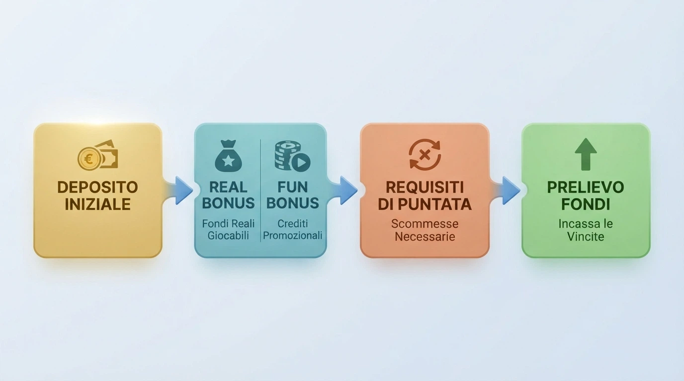 diagramma a flusso che mostra il percorso dal deposito al prelievo passando per Real Bonus, Fun Bonus, wagering e conversione, con icone per ciascun passaggio