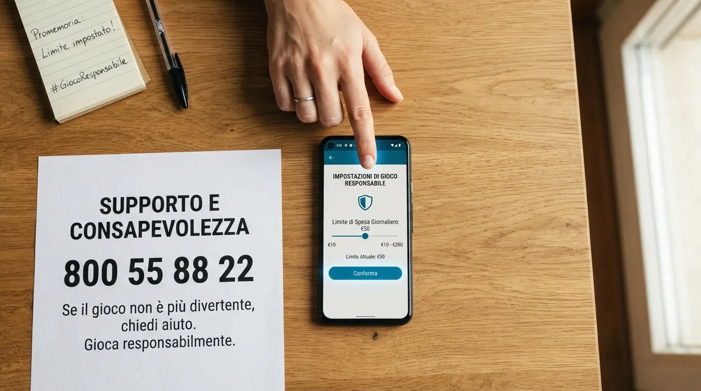 Un'icona del gioco responsabile affiancata dai riferimenti ai servizi di aiuto italiani: il numero verde 800 55 88 22 e il logo del RUA