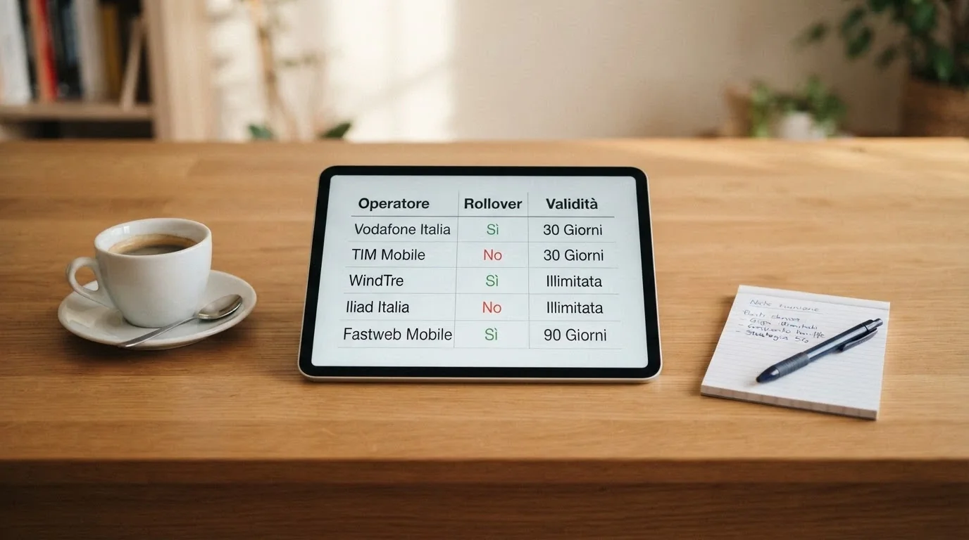 Una scrivania con un tablet che visualizza una tabella comparativa di offerte casinò, una tazzina di caffè e un block notes con appunti