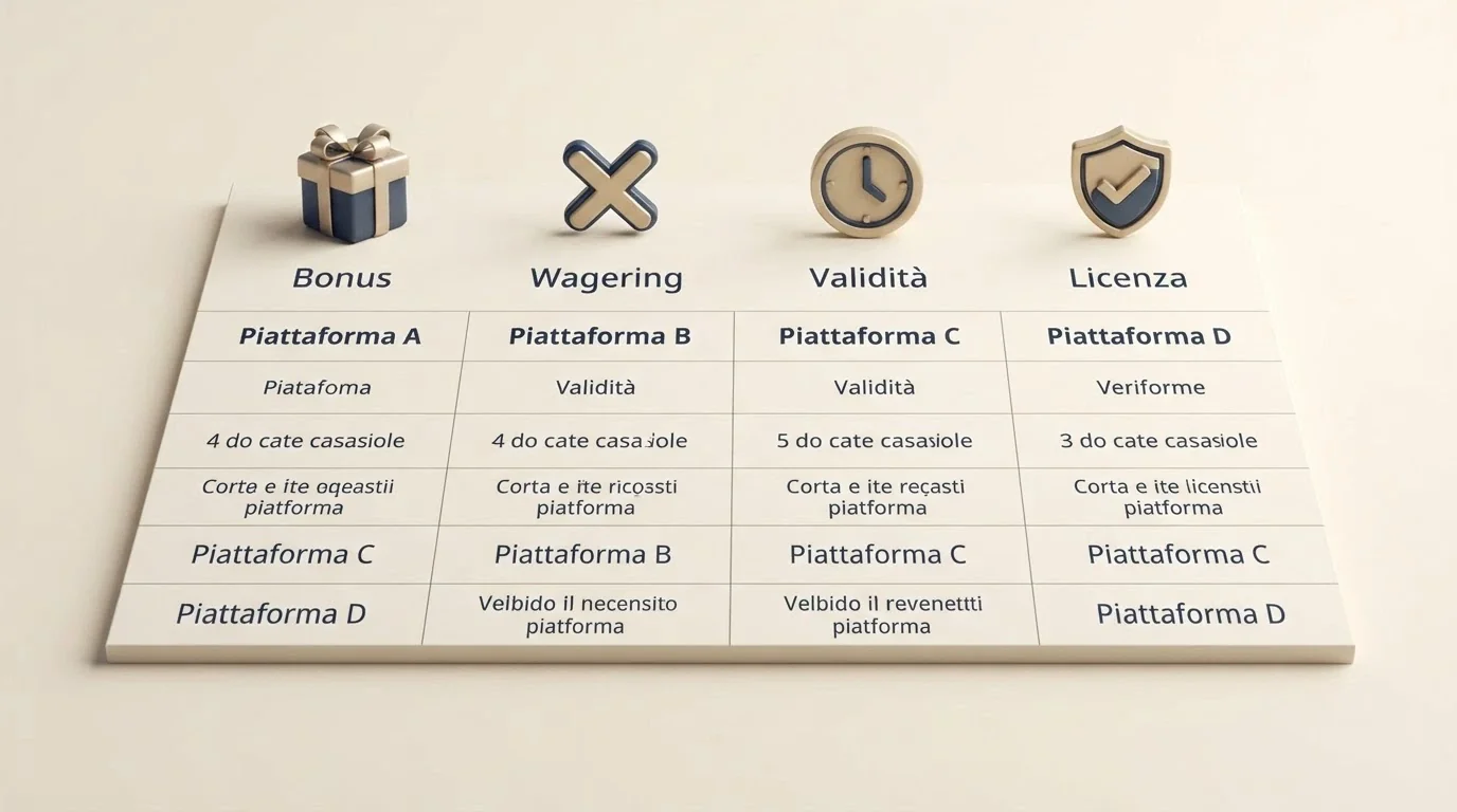 Una tabella comparativa stilizzata con icone che rappresentano i parametri del confronto: un regalo (bonus), un moltiplicatore (wagering), un orologio (validità), uno scudo (licenza)