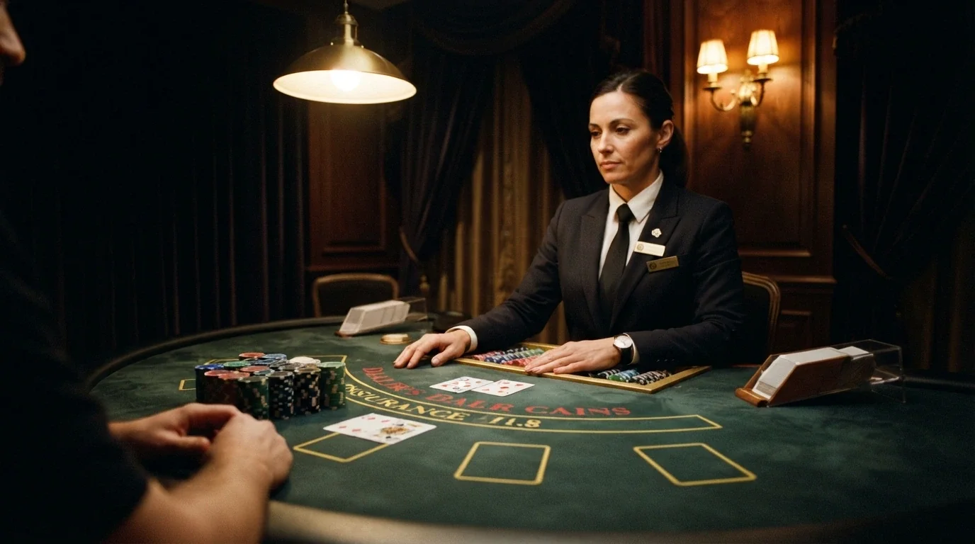 Un tavolo da blackjack VIP in una sala privata, con un mazziere in smoking, fiches alte e un solo giocatore seduto in penombra