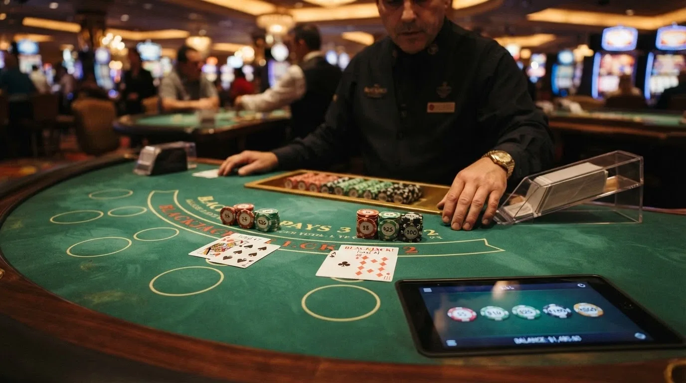 Tavolo da blackjack live con croupier in alta definizione, interfaccia di puntata su schermo e limite di puntata visibile nell'angolo in basso