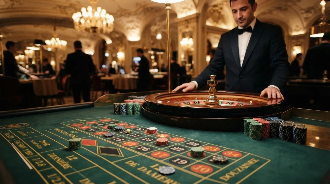 Un tavolo di roulette francese con il croupier in azione e i giocatori intorno al panno verde