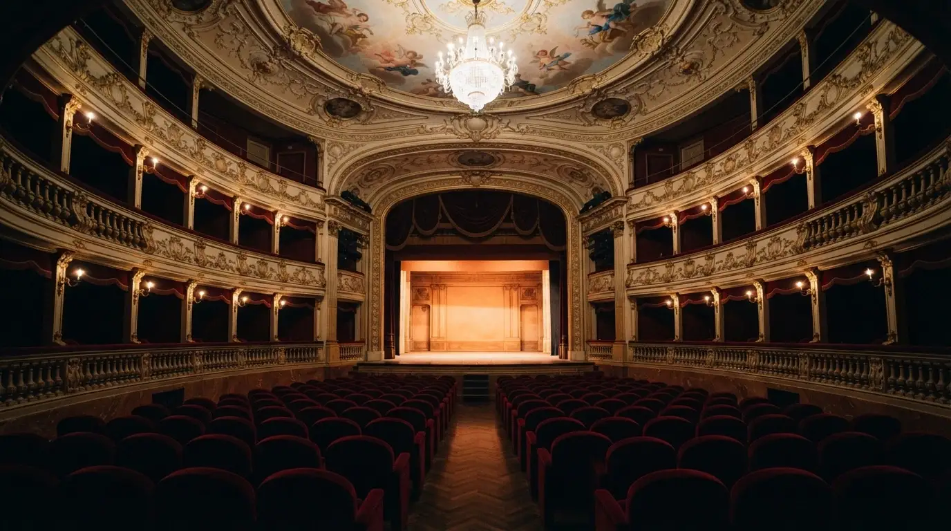 L'interno del Teatro dell'Opera con il palcoscenico, i palchi laterali e la platea in penombra prima di uno spettacolo