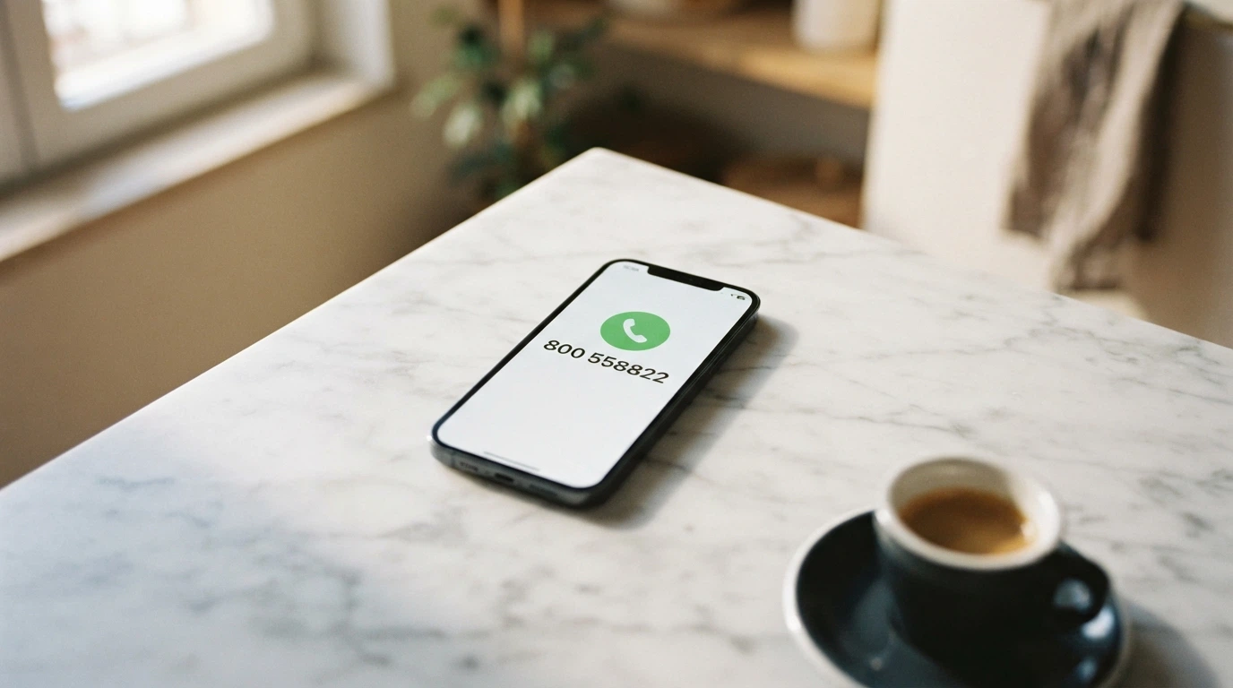 Un telefono con la cornetta sollevata e il numero 800 558822 sul display, accanto al logo del RUA