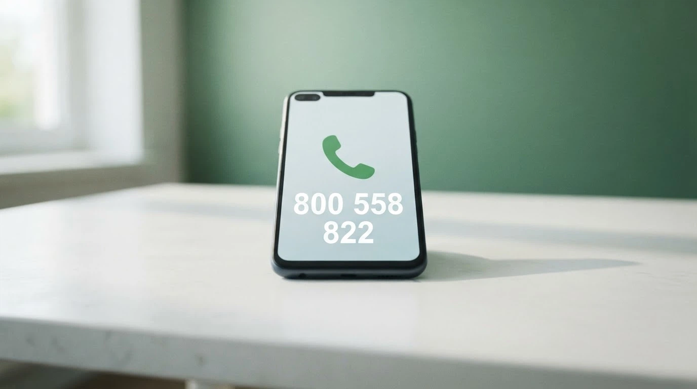 Un telefono con la cornetta alzata e il numero 800 558 822 visibile sullo schermo, sfondo verde