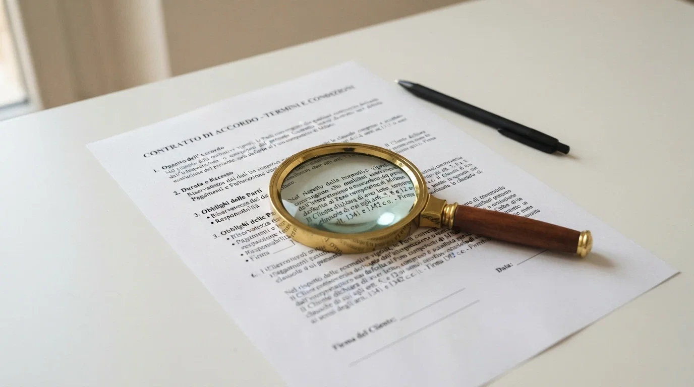 Un primo piano di un contratto o documento con una lente di ingrandimento sulle clausole in piccolo, a simboleggiare i termini e condizioni dei giri gratis