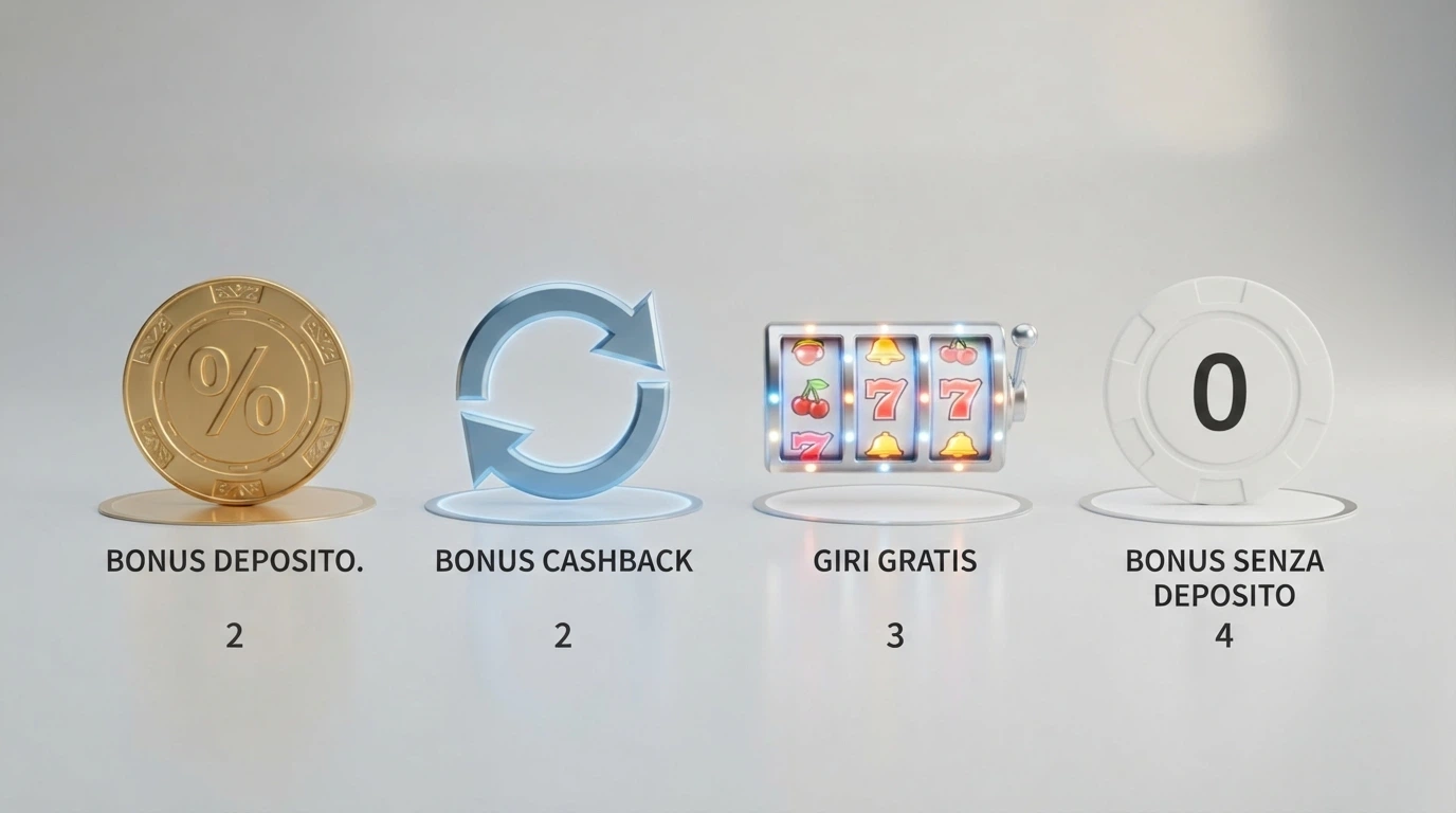 Tre riquadri affiancati che mostrano le quattro tipologie di bonus — match sul deposito, cashback, free spin, senza deposito — con l'importo e il rollover in primo piano