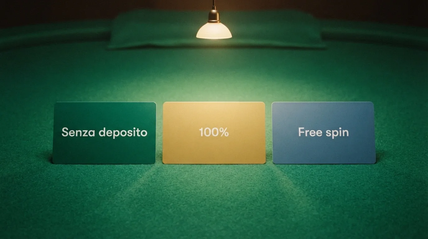 Tre carte bonus affiancate con importi diversi: una con la scritta «senza deposito», una con «100%», una con «free spin», appoggiate su un tavolo verde da casinò