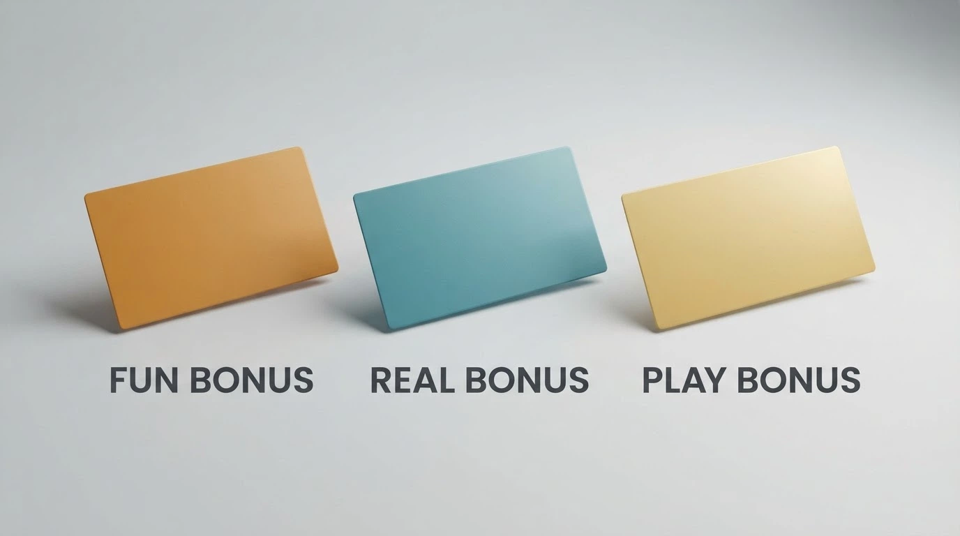 Tre riquadri affiancati con etichette Fun Bonus, Real Bonus e Play Bonus e le rispettive condizioni di prelievo sintetizzate sotto ciascuno