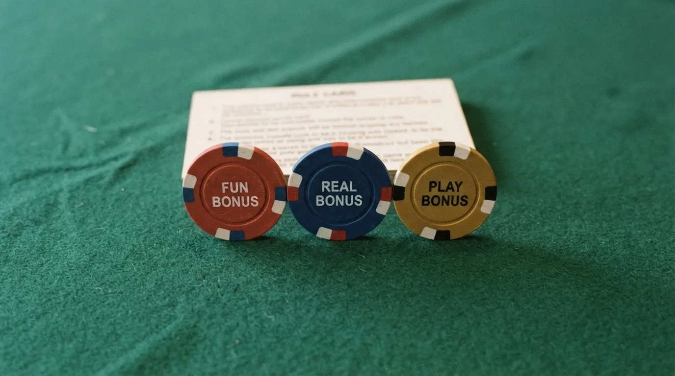 Tre gettoni da casinò afiancati, ciascuno con un'eticheta diversa: «Fun Bonus», «Real Bonus», «Play Bonus», disposti su un tavolo verde con una carta delle regole visibile sullo sfondo