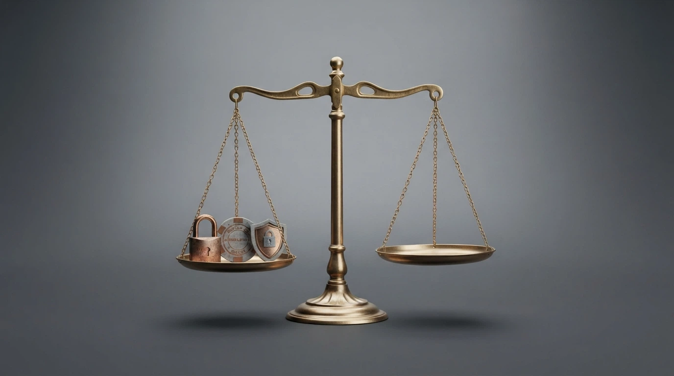 Una bilancia a due piatti che contrappone le tutele del casinò ADM (RNG certificato, fondi segregati, limite di deposito) all'assenza di protezioni nel casinò non-AAMS