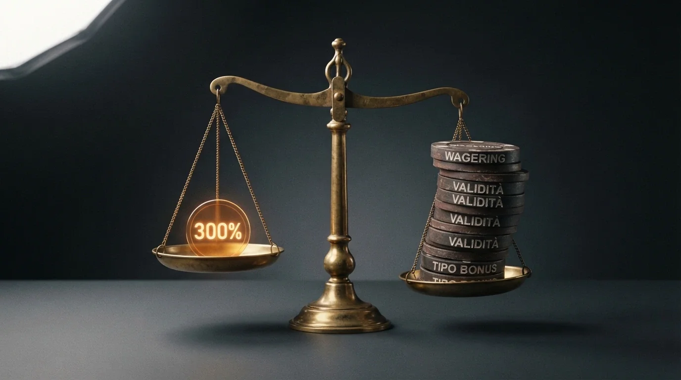 Una bilancia stilizata: su un piatto il simbolo «300%» luminoso ma piccolo, sull'altro una pila di gettoni con le parole «wagering», «validità», «tipo bonus» — la bilancia pende dal lato dei gettoni