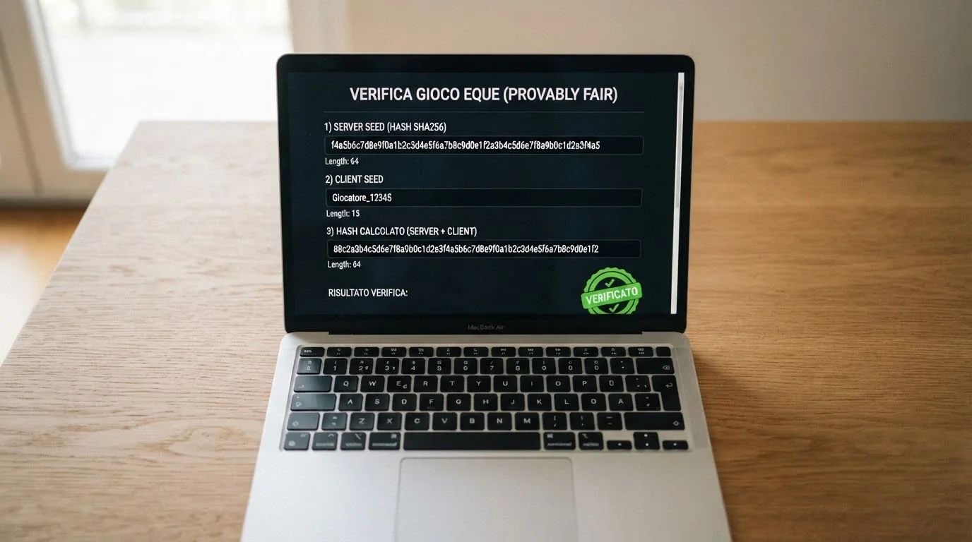 L'interfaccia di verifica di un gioco provably fair su schermo, con i campi server seed, client seed e hash visibili e un badge «verificato» in evidenza.