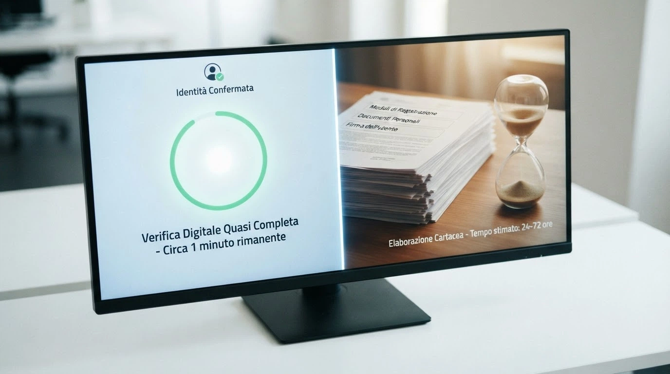 Lo schermo di un computer diviso a metà: a sinistra il logo SPID con una barra di avanzamento che segna «1 minuto», a destra una pila di documenti cartacei con una clessidra accanto e la scritta «24-72 ore».