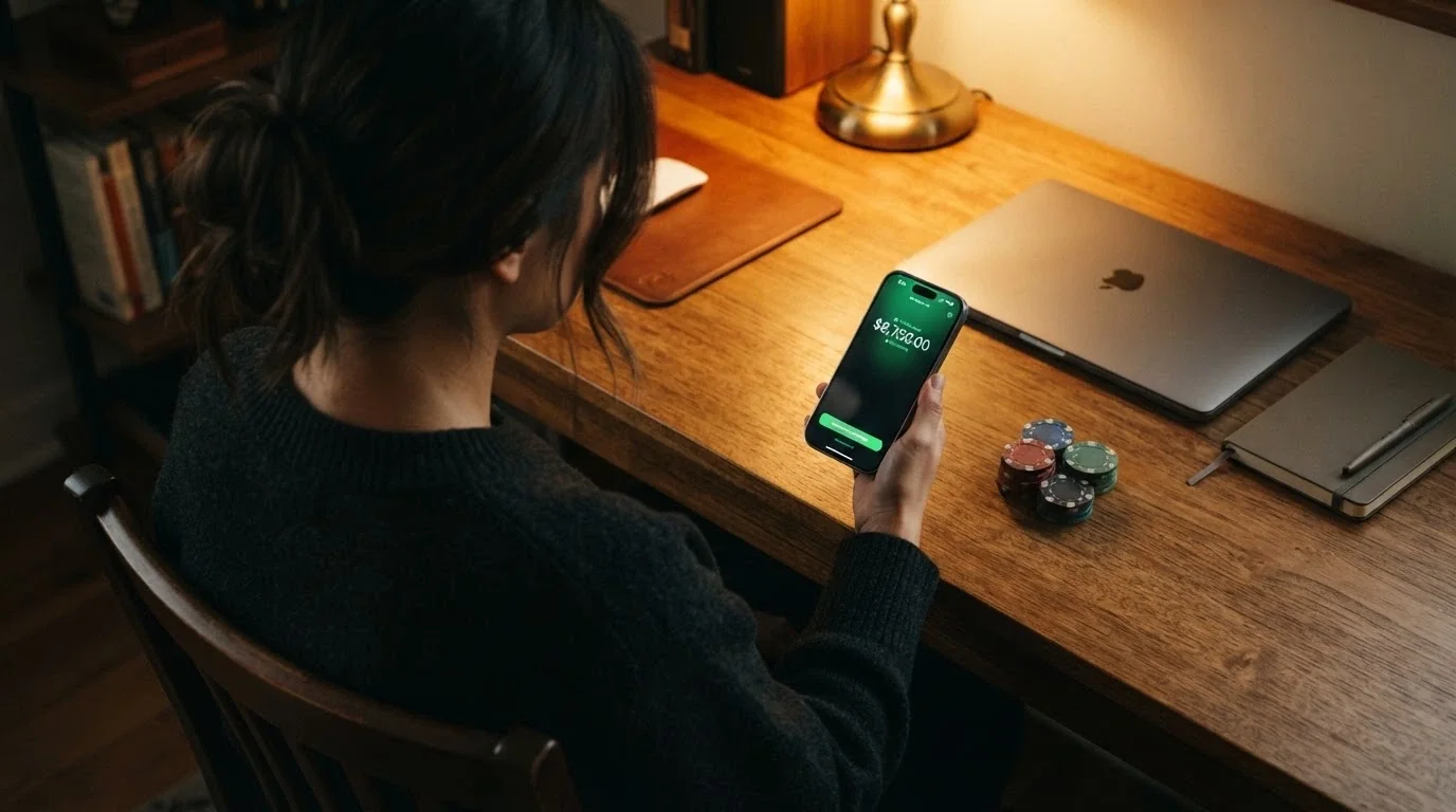 Una mano che estrae banconote da uno smartphone, con lo schermo che mostra un saldo positivo in un conto di gioco ADM