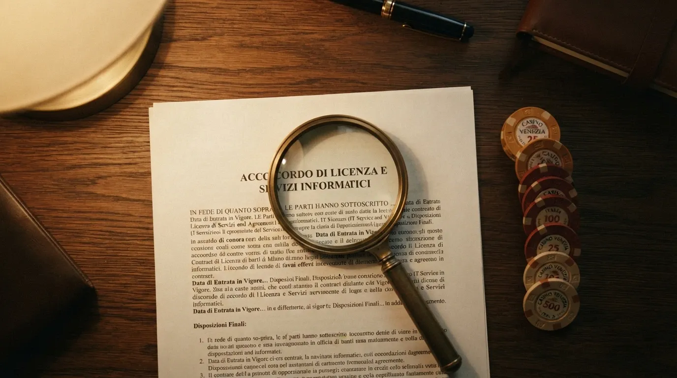 Una lente di ingrandimento posata su un contratto con la voce «Termini e condizioni» in evidenza, accanto a una pila di fiches da casinò