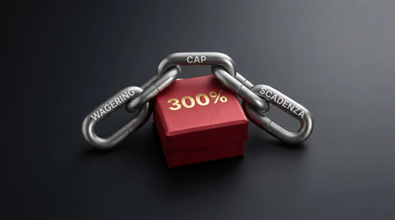 Una catena metaforica composta da tre anelli — Ogni anello ha un'eticheta (wagering, cap conversione, scadenza) — che tiene legato un pacco regalo con il simbolo «300%»
