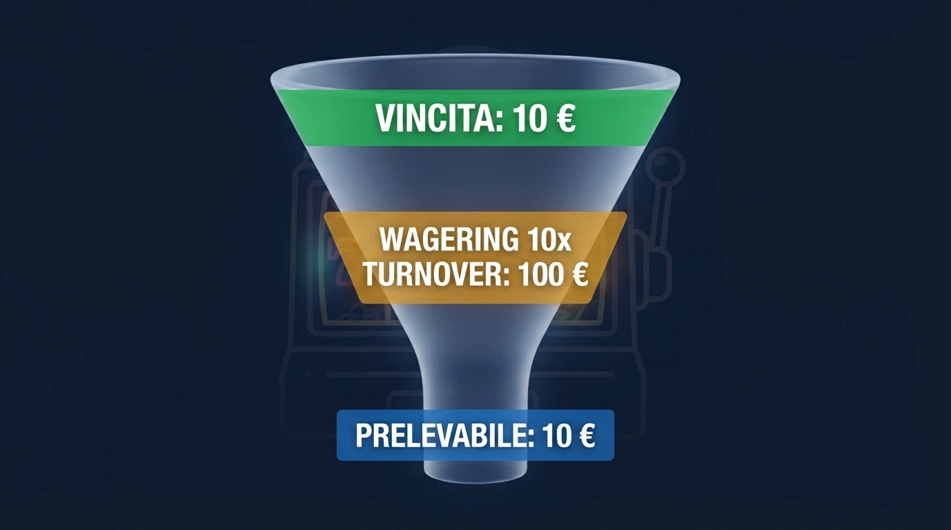 Un'illustrazione a imbuto: in cima «Vincita 50 FS = 10 €», al centro l'ingranaggio «Wagering 10x», in fondo «Prelevabile: X €», con una slot machine stilizzata sullo sfondo
