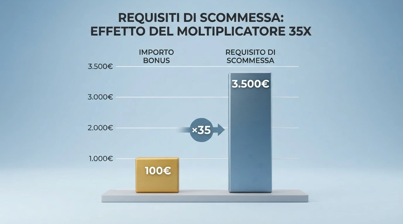 Un grafico a barre che mostra l'importo del bonus (100€) accanto al volume di gioco richiesto per sbloccarlo (3.500€ con wagering 35x)