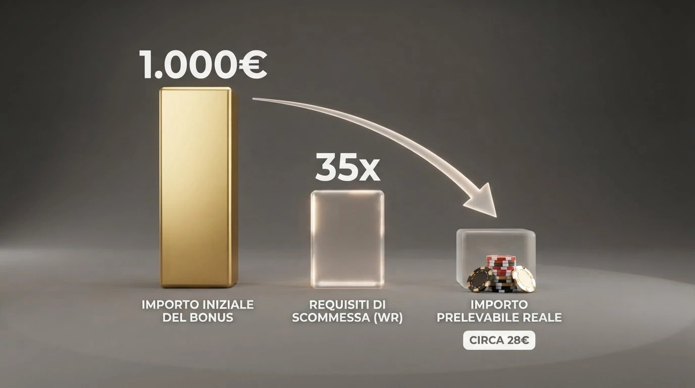 Infografica: un bonus da 1.000€ ridotto visivamente dal moltiplicatore di wagering fino al valore realmente prelevabile