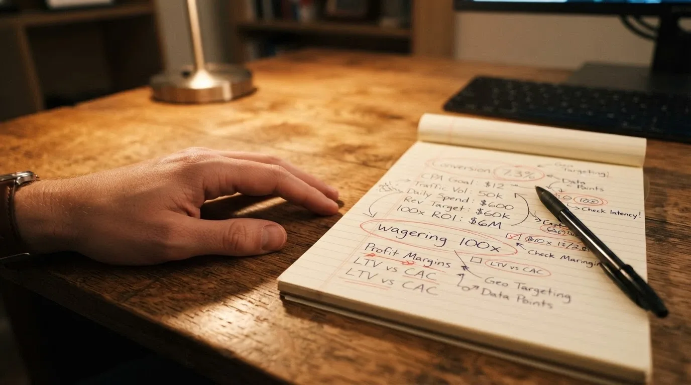 Una calcolatrice appoggiata accanto a un blocco note con su scritto «wagering 100x» e una penna, su una scrivania in legno con luce calda