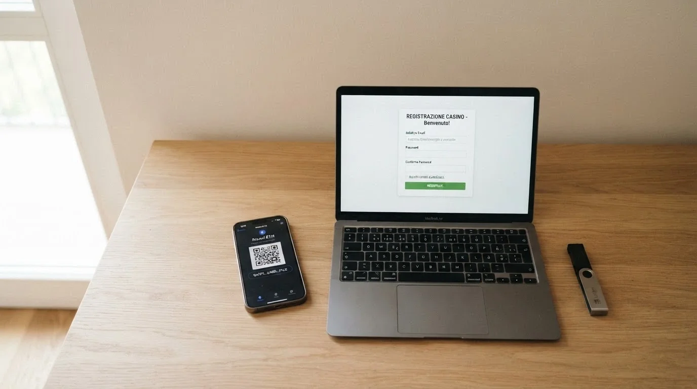 Smartphone con app wallet di criptovalute aperta accanto alla pagina di registrazione di un casinò online